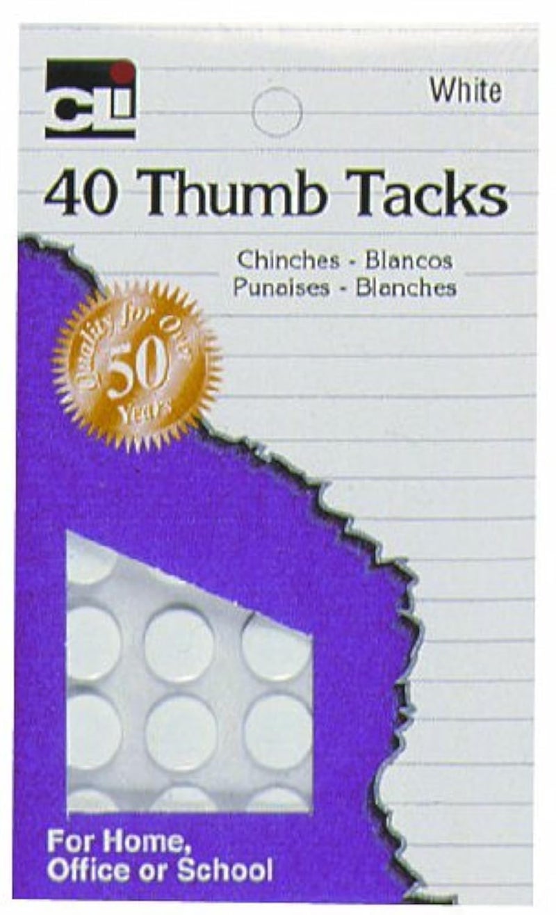 Charles Leonard Thumb Tacks, On Safety Cards, Painted White, 40-Pack (83535)